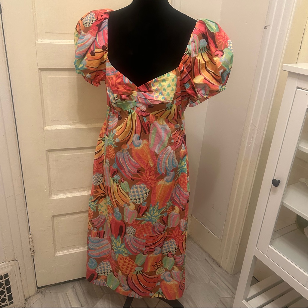 New Farm Rio Tropical Fruit Colorful Puff Sleeve Dress Cotton Coastal Resort Lrg